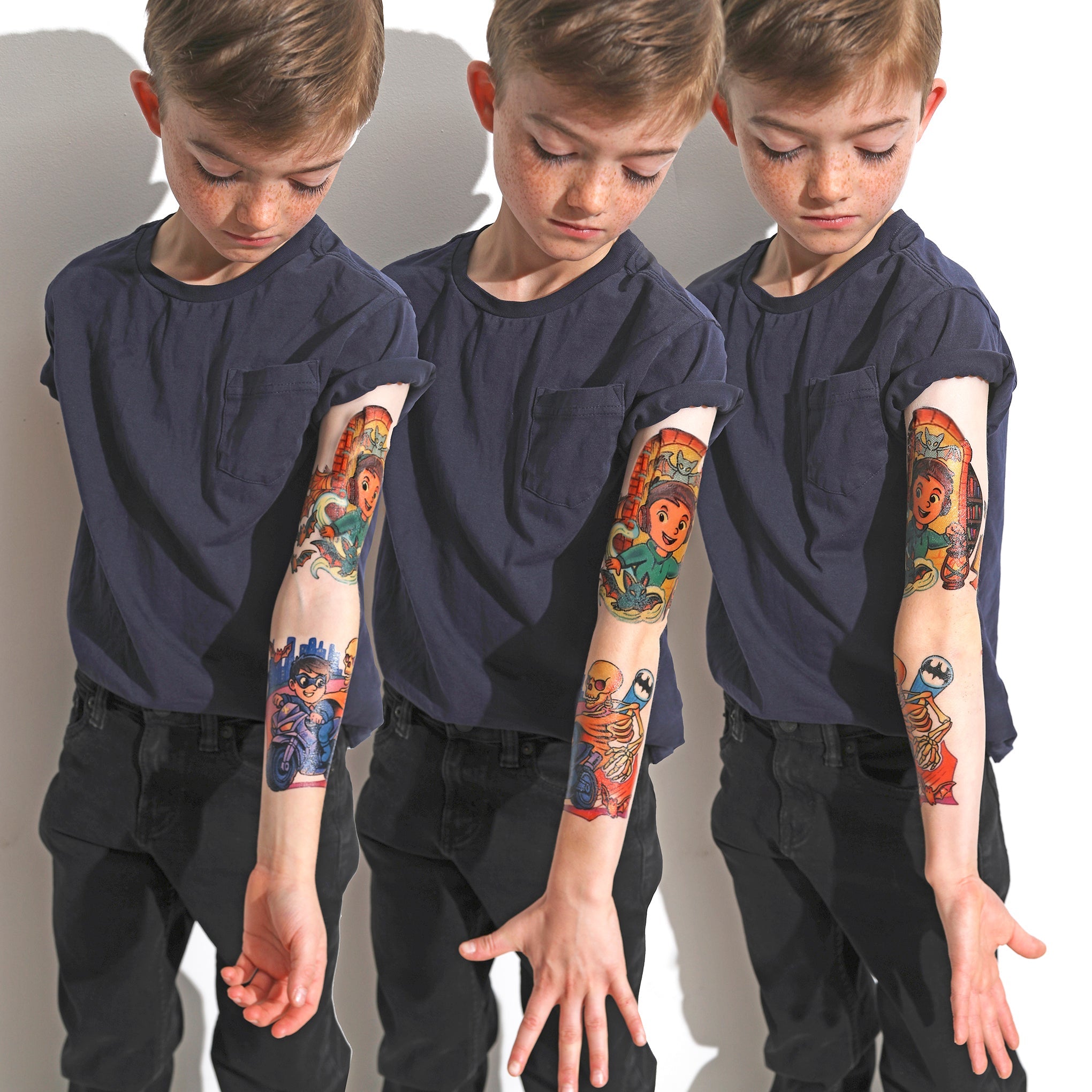 temporary tattoo sleeve for kids with colorful illustrated tattoo designs covering the full arm in a realistic kids temporary tattoo sleeve style