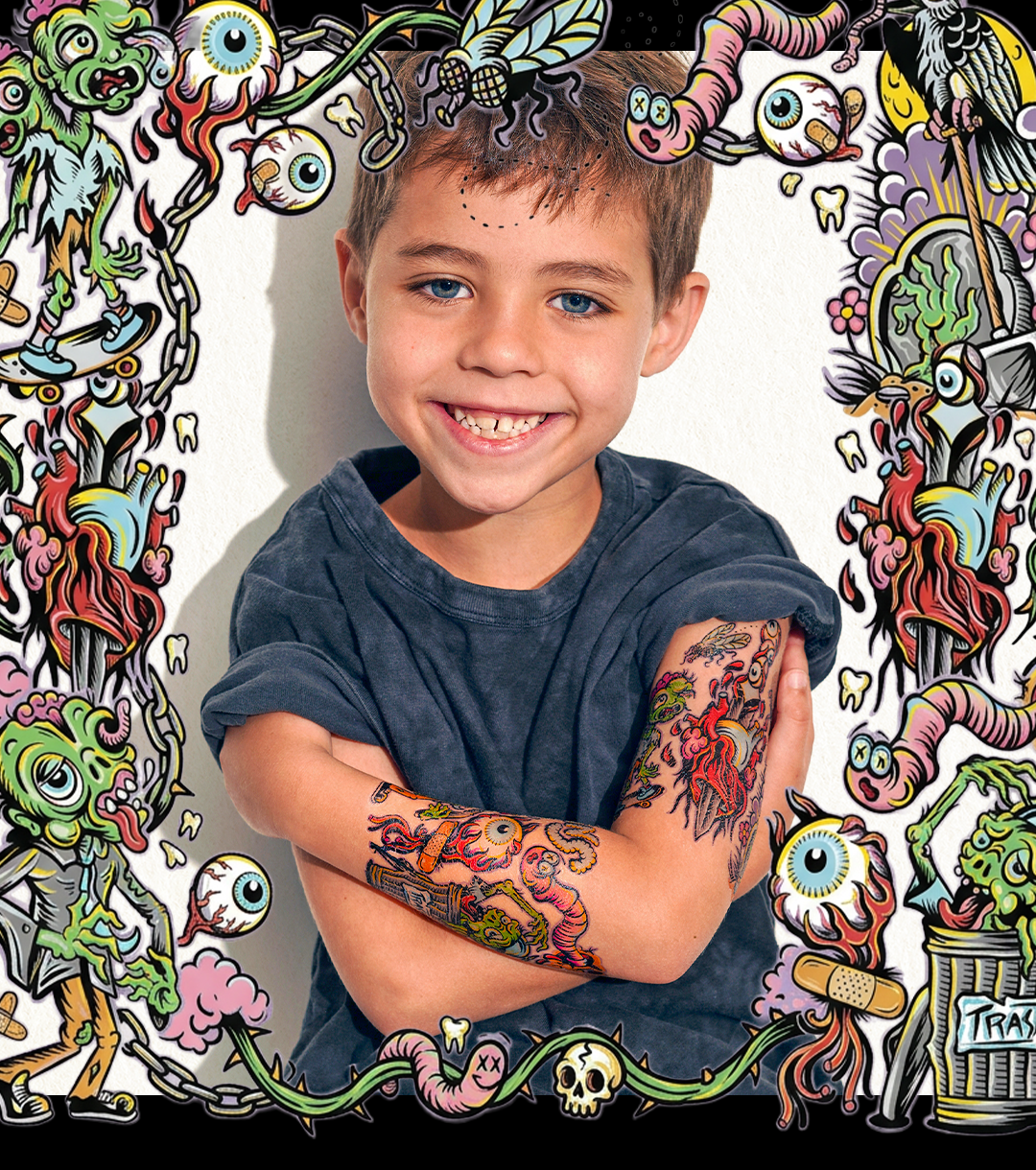 temporary tattoo sleeve for kids with colorful illustrated tattoo designs covering the full arm in a realistic kids temporary tattoo sleeve style