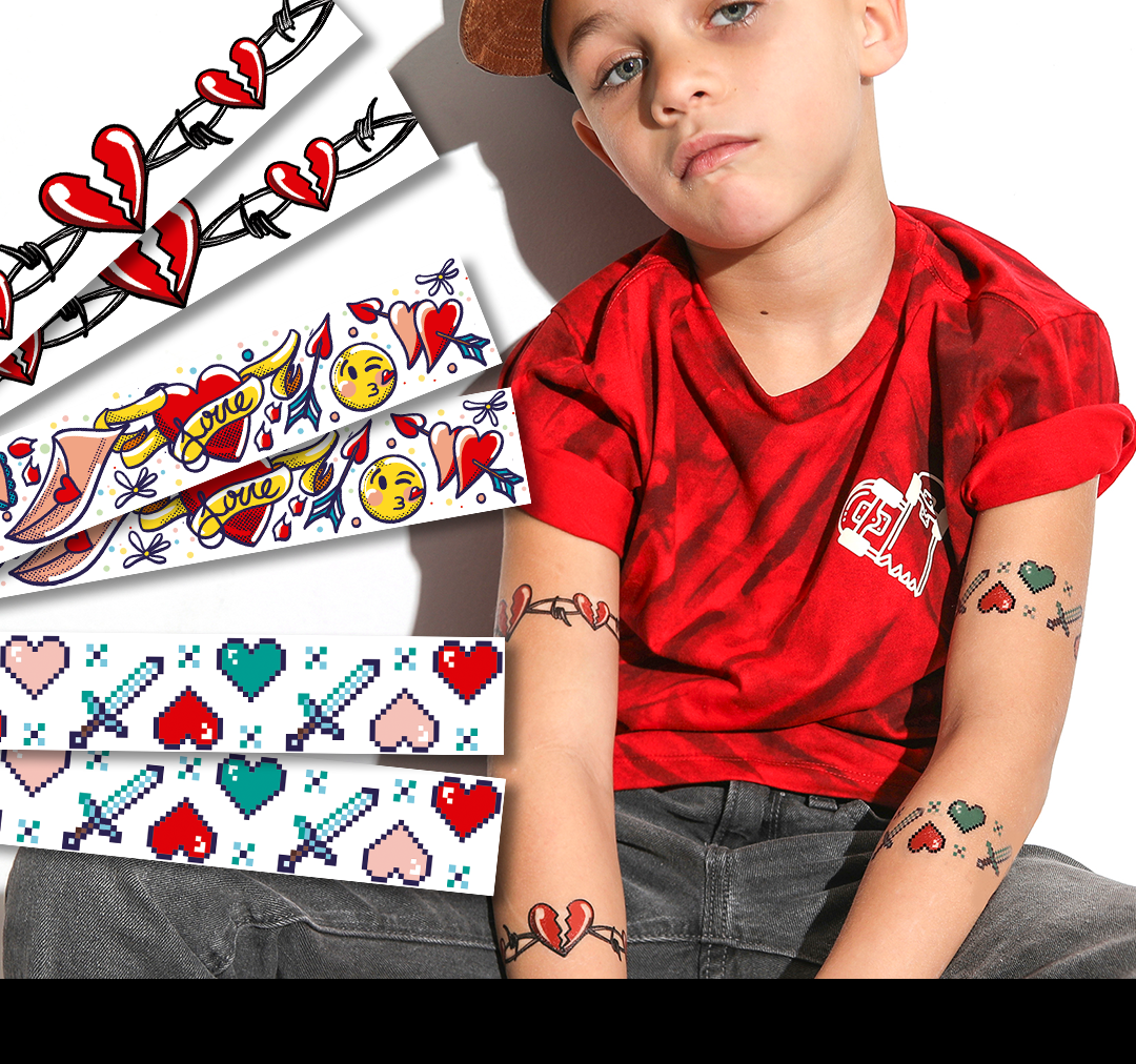temporary tattoo sleeve for kids with colorful illustrated tattoo designs covering the full arm in a realistic kids temporary tattoo sleeve style
