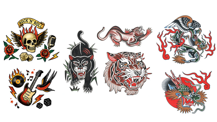 Fire & Fury Traditional Tattoo Full Sleeve Bundle - Temporary Kids Tattoo Sleeve - American Traditional Kids temporary tattoo kids temporary tattoos panther patchwork tattoo sheet sabertooth tiger tattoo sleeve for kids tiger traditional traditional tattoo style warrior full sleeve temporary tattoo for kids