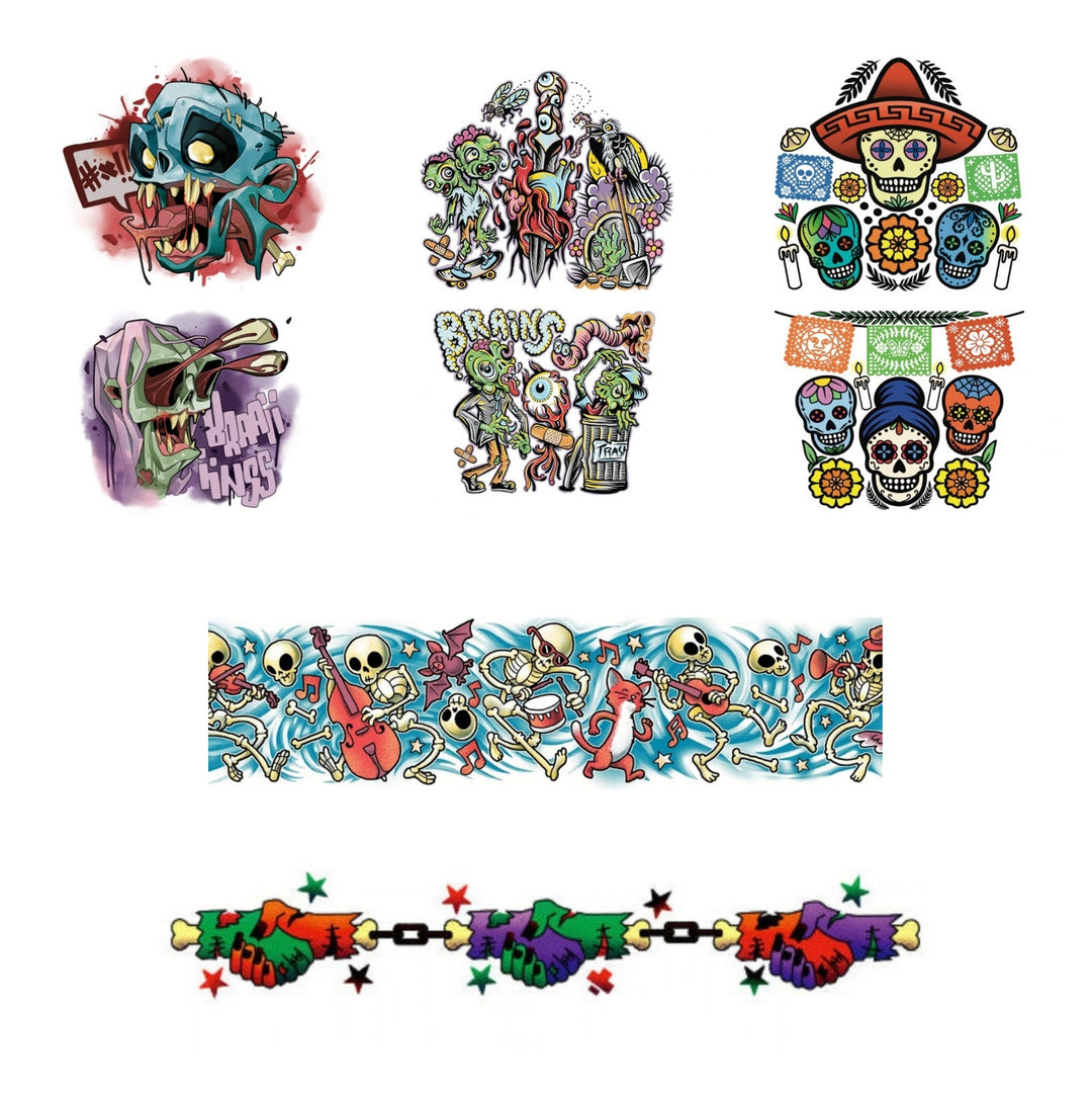 Halloween Bundle #1 - Dirty Rotten, Zombie Outbreak and Sugar Skulls full sleeve temporary tattoos with Skeleton Stomp and Graveyard Grip tattoo bands for kids