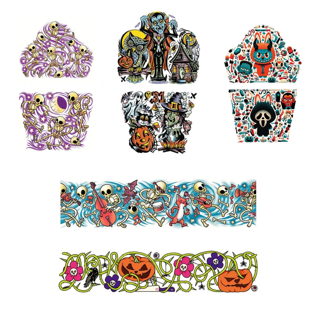 Halloween Bundle #2 - Bad to the Bone, Halloween Hooligans and Wicked Cute full sleeve temporary tattoos with Skeleton Stomp and Jack-O tattoo bands for kids