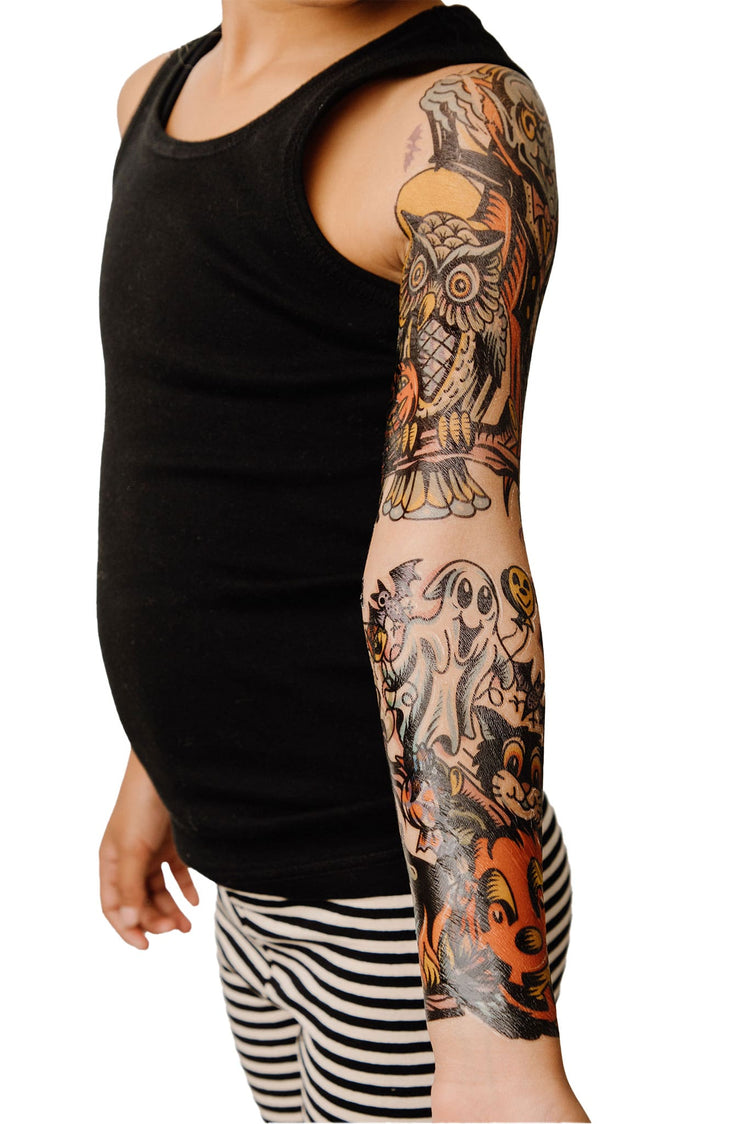 Halloween Hooligans Full Sleeve Tattoo - Temporary Kids Tattoo Sleeve - boy Faire full sleeve girl Halloween trick or treat full sleeve temporary tattoo for kids