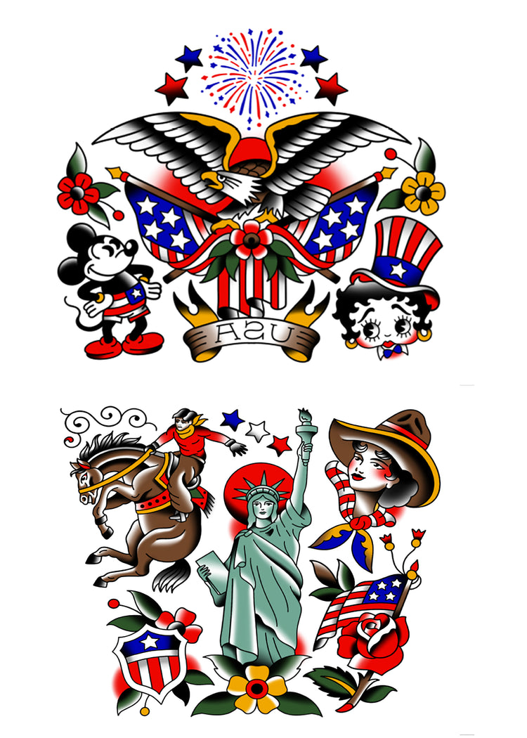 Iconic Ink: USA Full Sleeve Tattoo - 4th of July America American Eagle American Traditional Americana Bald Eagle Betty Boop cowboy cowgirl Eagle Fireworkds Fourth Fourth of July full sleeve Mickey Mouse temporary tattoo USA full sleeve temporary tattoo for kids