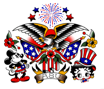 Iconic Ink: USA Full Sleeve Tattoo - Temporary Kids Tattoo Sleeve - 4th of July America American Eagle American Traditional Americana Bald Eagle Betty Boop cowboy cowgirl Eagle Fireworkds Fourth Fourth of July full sleeve Mickey Mouse temporary tattoo USA full sleeve temporary tattoo for kids
