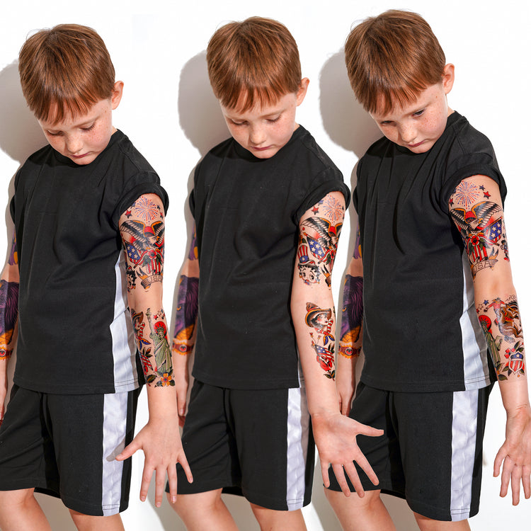 Iconic Ink: USA Full Sleeve Tattoo - 4th of July America American Eagle American Traditional Americana Bald Eagle Betty Boop cowboy cowgirl Eagle Fireworkds Fourth Fourth of July full sleeve Mickey Mouse temporary tattoo USA full sleeve temporary tattoo for kids