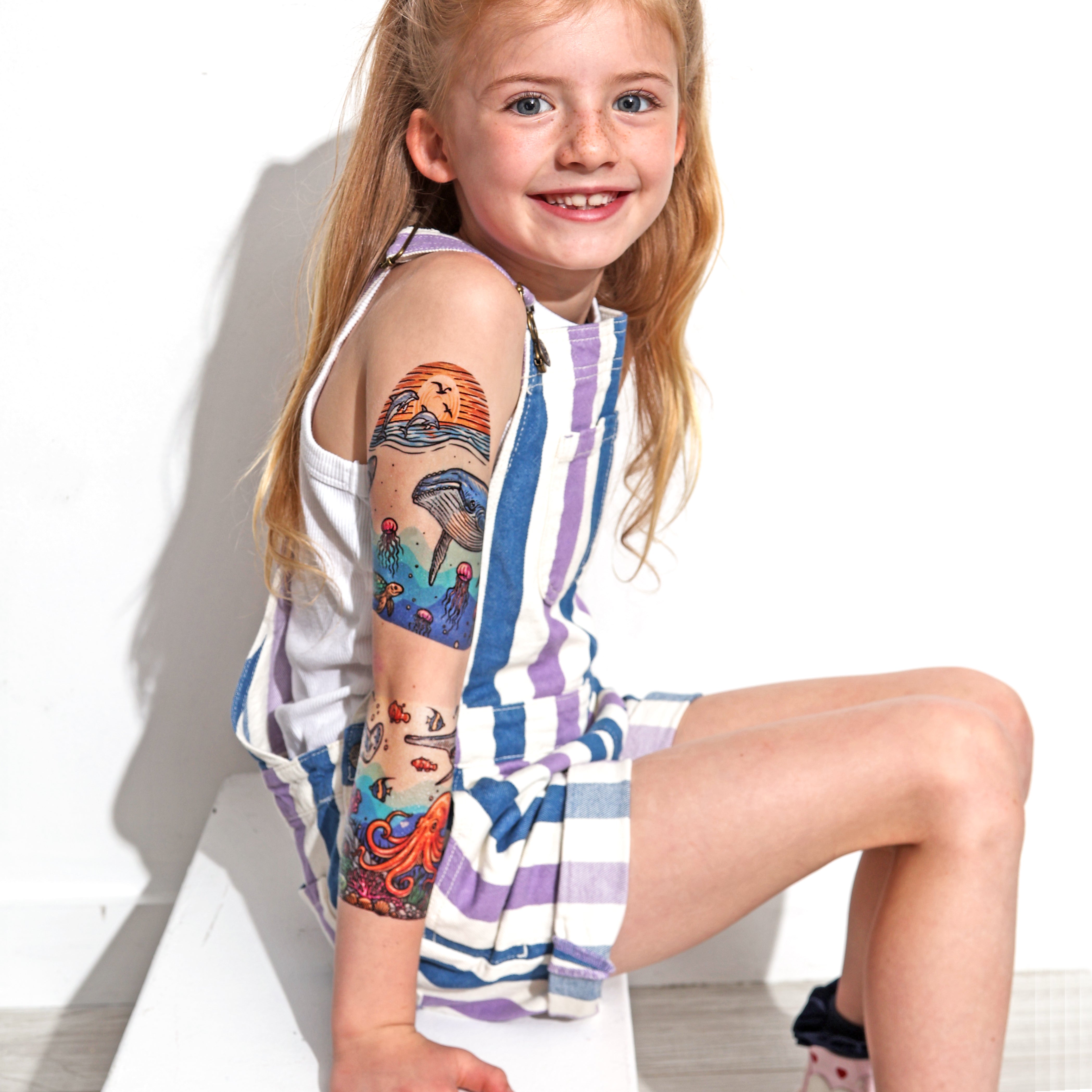 Into The Blue – Kids Temporary Tattoo Full Sleeve - birthday party tattoos costume accessory crustacean fish full sleeve girl girls half sleeve Kids temporary tattoo lower sleeve nautical nautical boy nautical girl neo-traditional non toxic tattoos party favors sea sea life shark tattoo tattoo sleeve for kids temporary tattoo band temporary tattoo sleeve tony ray tattoo traditional tattoo style treasure waterproof tattoos full sleeve temporary tattoo for kids