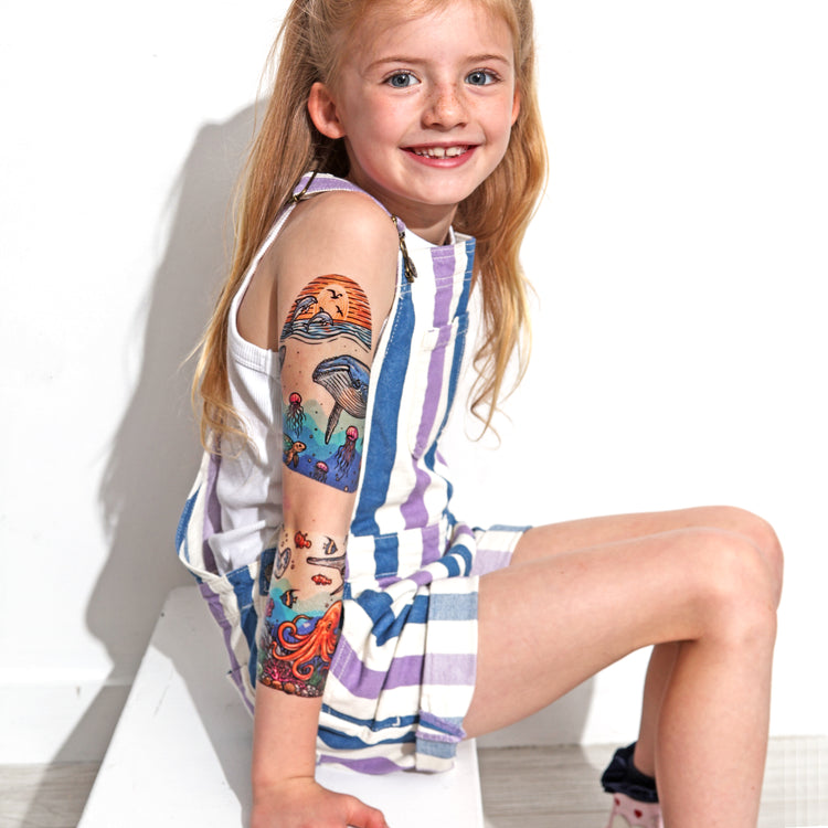 Into The Blue – Kids Temporary Tattoo Full Sleeve - birthday party tattoos costume accessory crustacean fish full sleeve girl girls half sleeve Kids temporary tattoo lower sleeve nautical nautical boy nautical girl neo-traditional non toxic tattoos party favors sea sea life shark tattoo tattoo sleeve for kids temporary tattoo band temporary tattoo sleeve tony ray tattoo traditional tattoo style treasure waterproof tattoos full sleeve temporary tattoo for kids