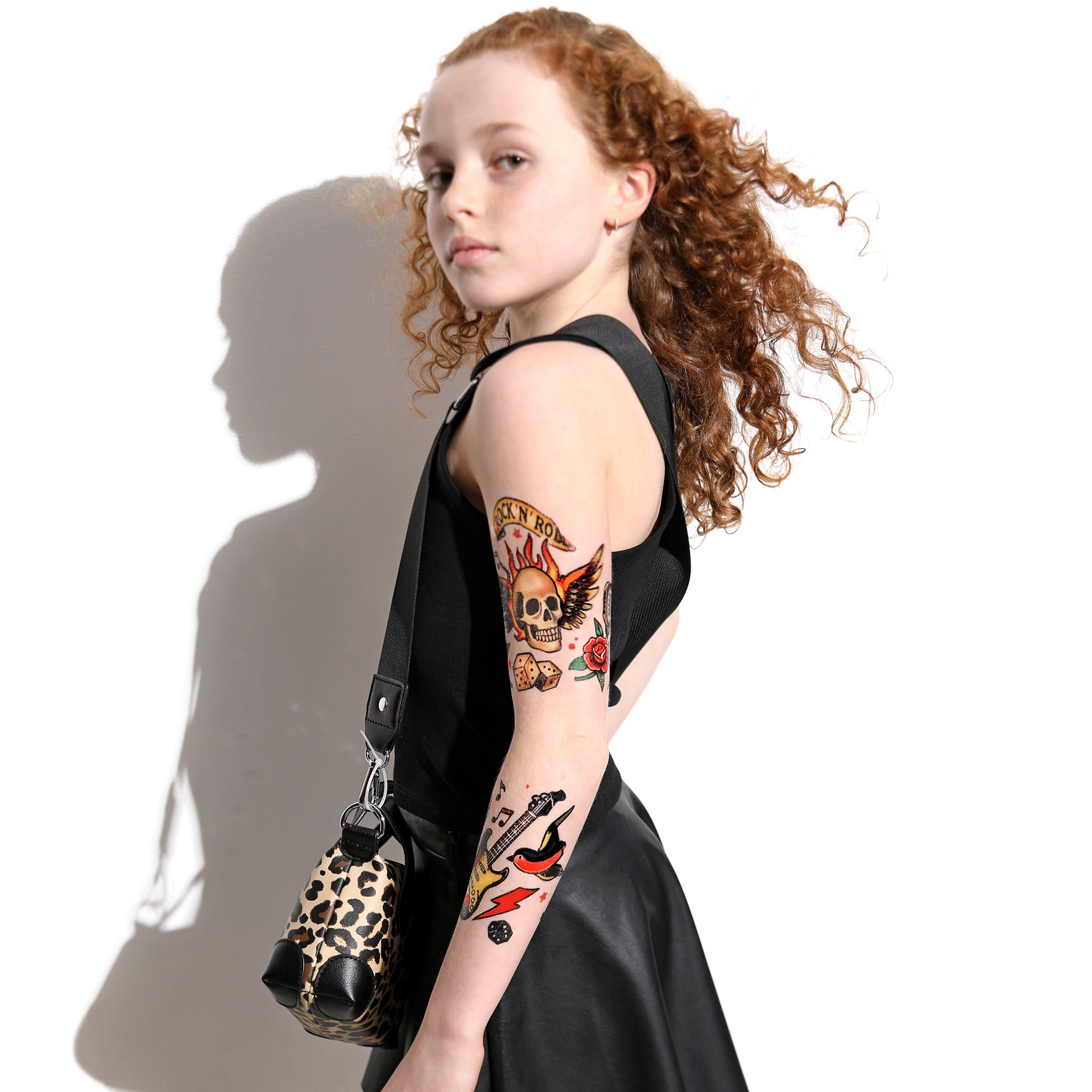 Let's Rock! - American Traditional band full sleeve Guitar music neo-traditional rock Rock n roll Skull Skulls traditional full sleeve temporary tattoo for kids