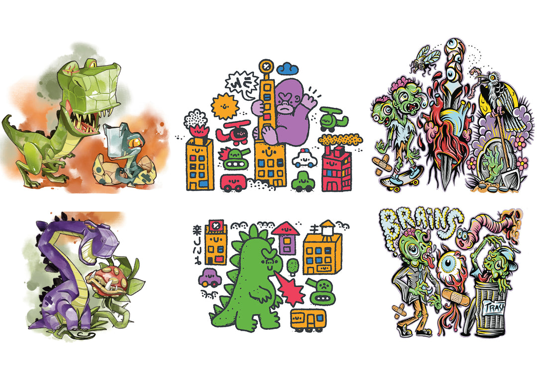 Monster Mayhem Trio Full Sleeve Tattoo Bundle - Temporary Kids Tattoo Sleeve - baby dino baby dinosaur dino dinos dinosaur dinosaurs godzilla Godzilla vs King Kong Kids temporary tattoo kids temporary tattoos King Kong tattoo sleeve for kids temporary tattoo temporary tattoo sleeve Zombie Zombies full sleeve temporary tattoo for kids