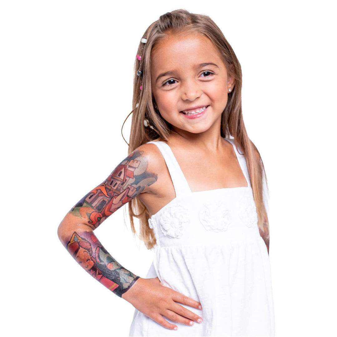 Princess Unicorn Full Sleeve Tattoo - blue castle cute fantasy full sleeve girl girls Girly Designs Heart Hearts pink princess purple star Uncl Paul unicorn Unicorns full sleeve temporary tattoo for kids