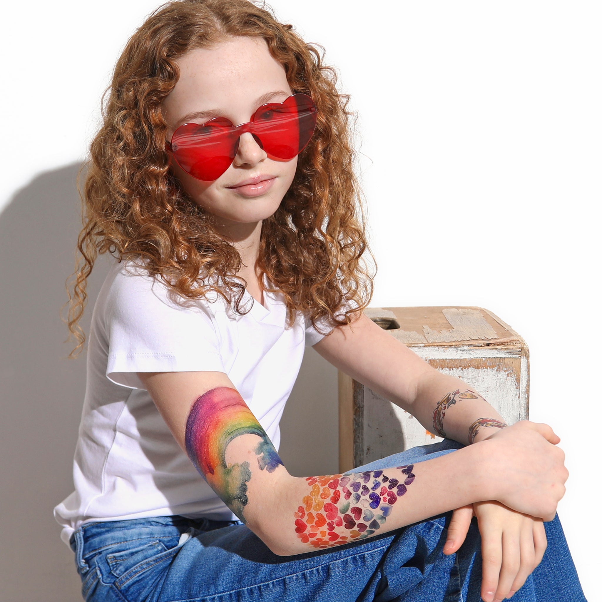 Rainbow Crush - full sleeve Heart Hearts Rainbow Rainbows temporary tattoo Valentine valentine's day full sleeve temporary tattoo for kids