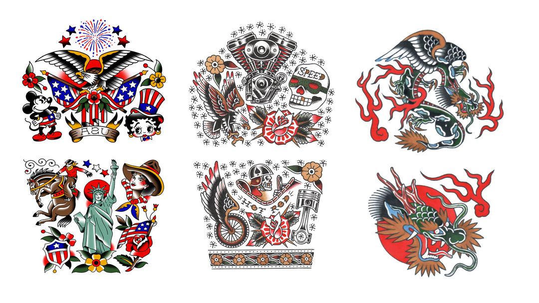 Rebel Ink Trio Full Sleeve Tattoos - American Traditional americana boy classic Dragon full sleeve hot rod little rebel neo-traditional rebel rebellious traditional USA warrior full sleeve temporary tattoo for kids