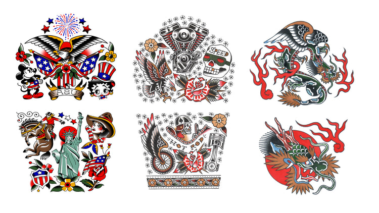 Rebel Ink Trio Full Sleeve Tattoos - American Traditional americana boy classic Dragon full sleeve hot rod little rebel neo-traditional rebel rebellious traditional USA warrior full sleeve temporary tattoo for kids