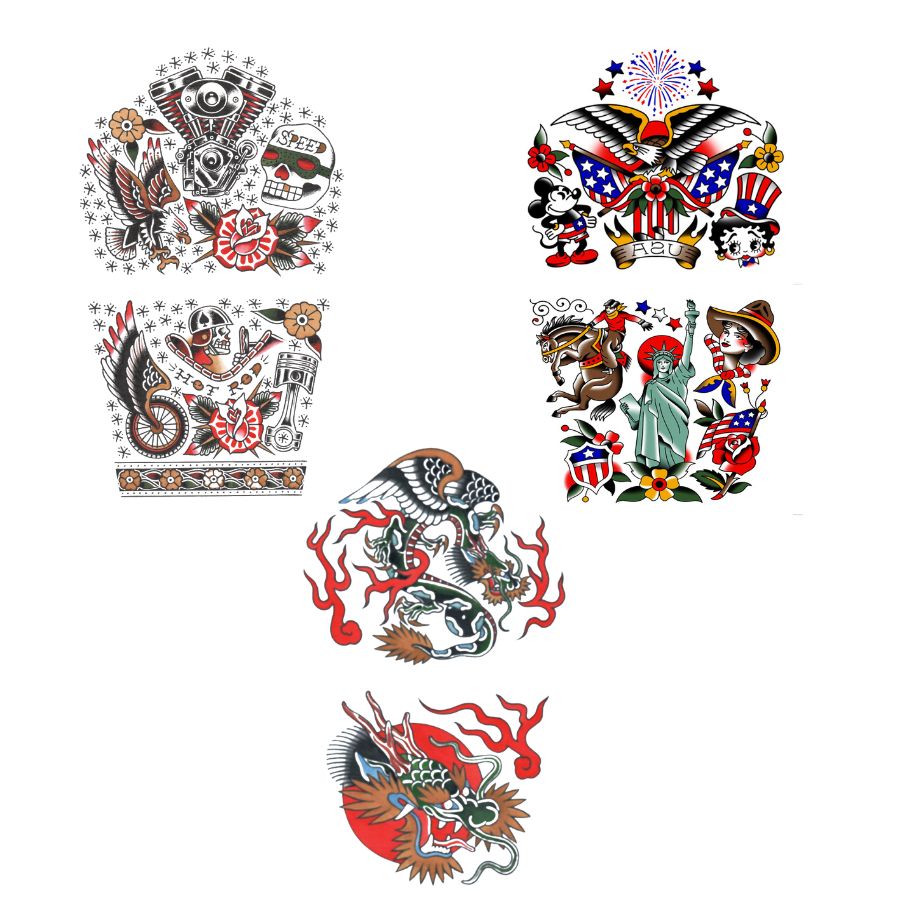 Rebel Ink Trio Full Sleeve Tattoo Bundle - Temporary Kids Tattoo Sleeve - American Traditional Car Cars Kids temporary tattoo kids temporary tattoos Race Cars tattoo sleeve for kids temporary tattoo temporary tattoo sleeve traditional traditional tattoo style USA full sleeve temporary tattoo for kids