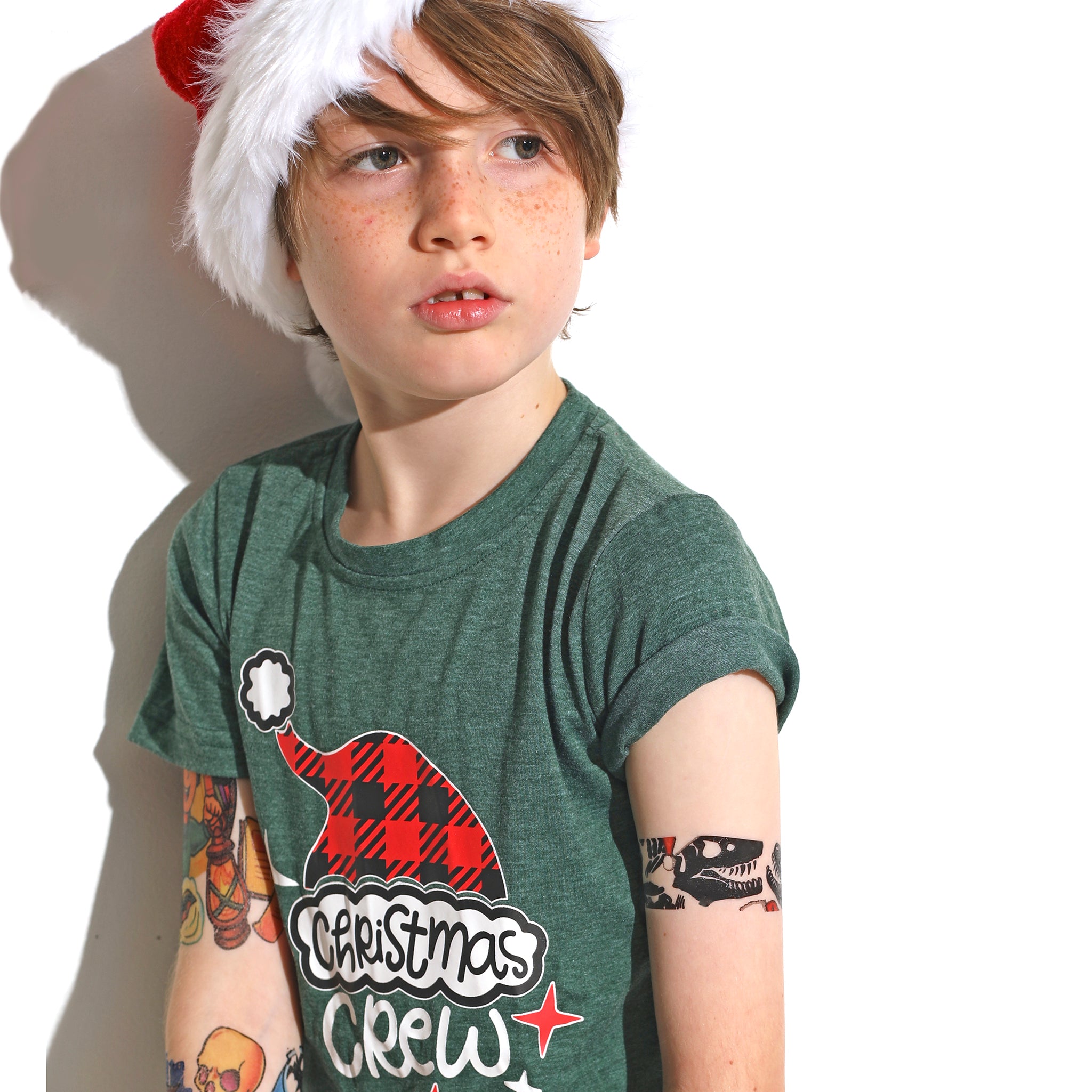 Santa Saurus Tattoo Band - band boy Christmas dino dinos dinosaur dinosaurs fossils holiday Santa Santa Claus Santa Clause santa hat temporary tattoo temporary tattoo band full sleeve temporary tattoo for kids