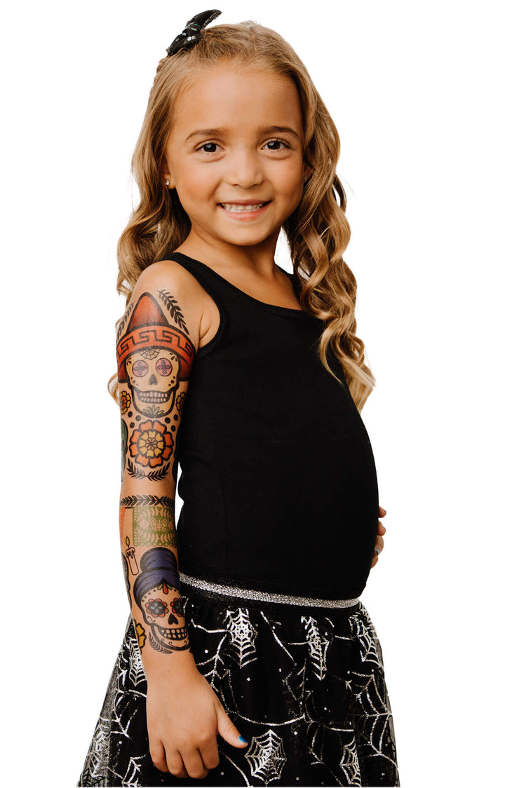 Sugar Skulls Full Sleeve Tattoo - Temporary Kids Tattoo Sleeve - boy day of the dead Faire full sleeve girl Halloween full sleeve temporary tattoo for kids