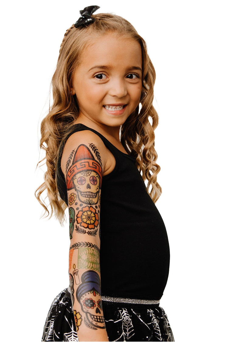Sugar Skulls Full Sleeve Tattoo - Temporary Kids Tattoo Sleeve - boy day of the dead Faire full sleeve girl Halloween full sleeve temporary tattoo for kids