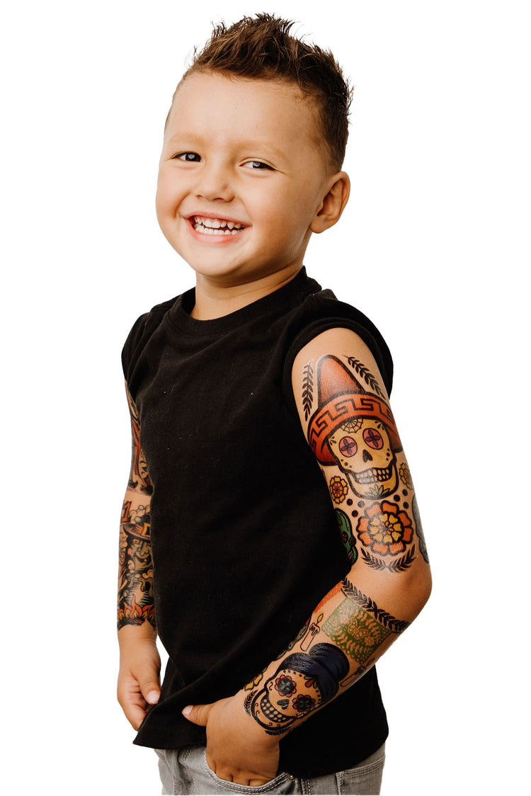 Sugar Skulls Full Sleeve Tattoo - Temporary Kids Tattoo Sleeve - boy day of the dead Faire full sleeve girl Halloween full sleeve temporary tattoo for kids