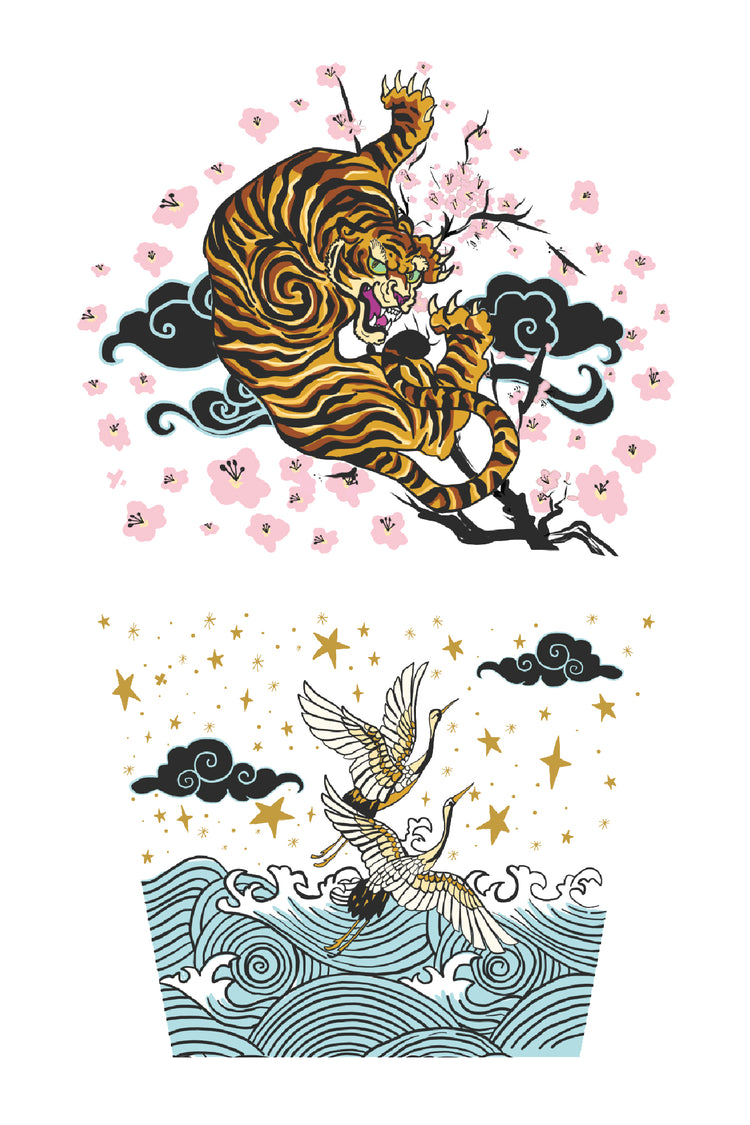 Tora - Tsuru Full Sleeve Tattoo - Asian beautiful beauty cherry blossom crane full sleeve girl girls Girly Designs Japan Japanese Jessica Unamuno myth nature power tiger tora tsuru full sleeve temporary tattoo for kids