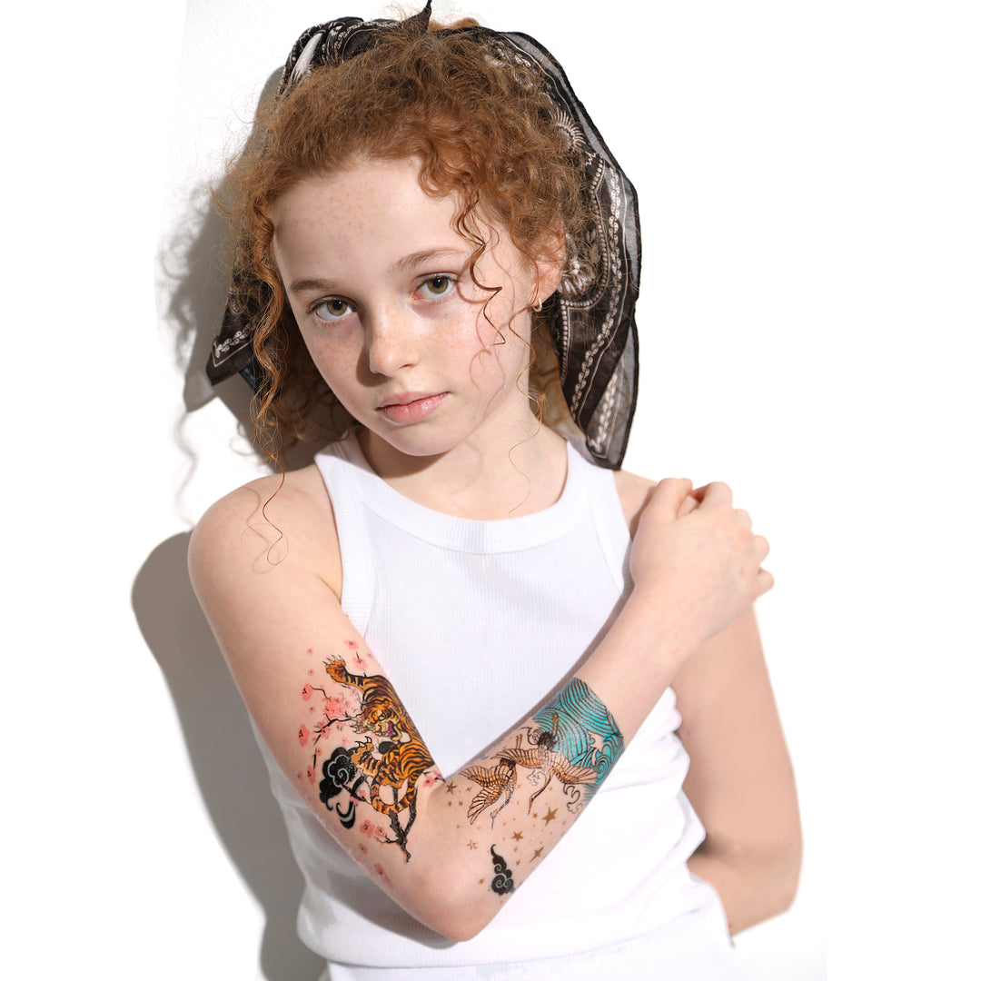 Tora - Tsuru Full Sleeve Tattoo - Asian beautiful beauty cherry blossom crane full sleeve girl girls Girly Designs Japan Japanese Jessica Unamuno myth nature power tiger tora tsuru full sleeve temporary tattoo for kids