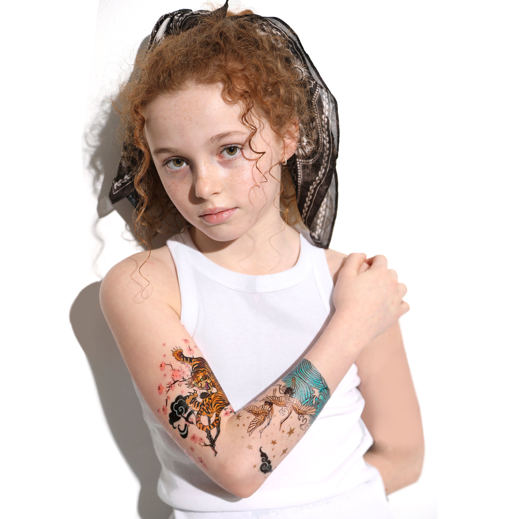 Tora - Tsuru Full Sleeve Tattoo - Asian beautiful beauty cherry blossom crane full sleeve girl girls Girly Designs Japan Japanese Jessica Unamuno myth nature power tiger tora tsuru full sleeve temporary tattoo for kids