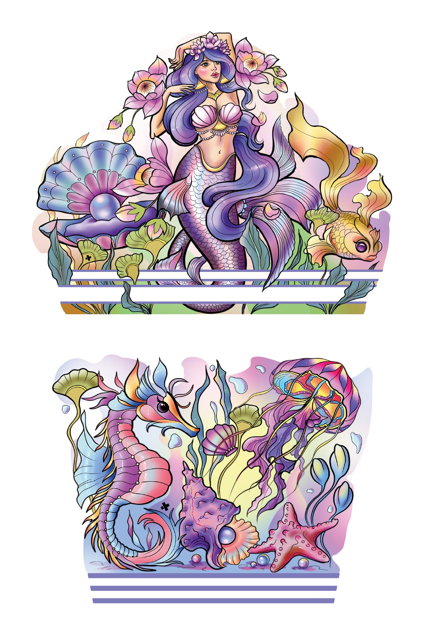 Under the Sea Full Sleeve Tattoo - Temporary Kids Tattoo Sleeve - fantasy full sleeve girl Kate Shevtsova Mermaid mermaids nautical nautical girl neo-traditional seahorse seashell shells full sleeve temporary tattoo for kids