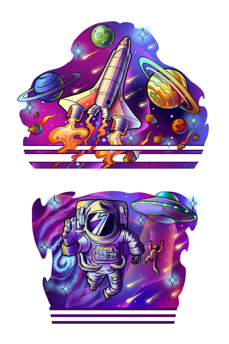 Cosmic Cruiser Full Sleeve Tattoo - alien astronaut boy explore flying saucer full sleeve Kate Shevtsova neo-traditional Rocket space spaceship full sleeve temporary tattoo for kids