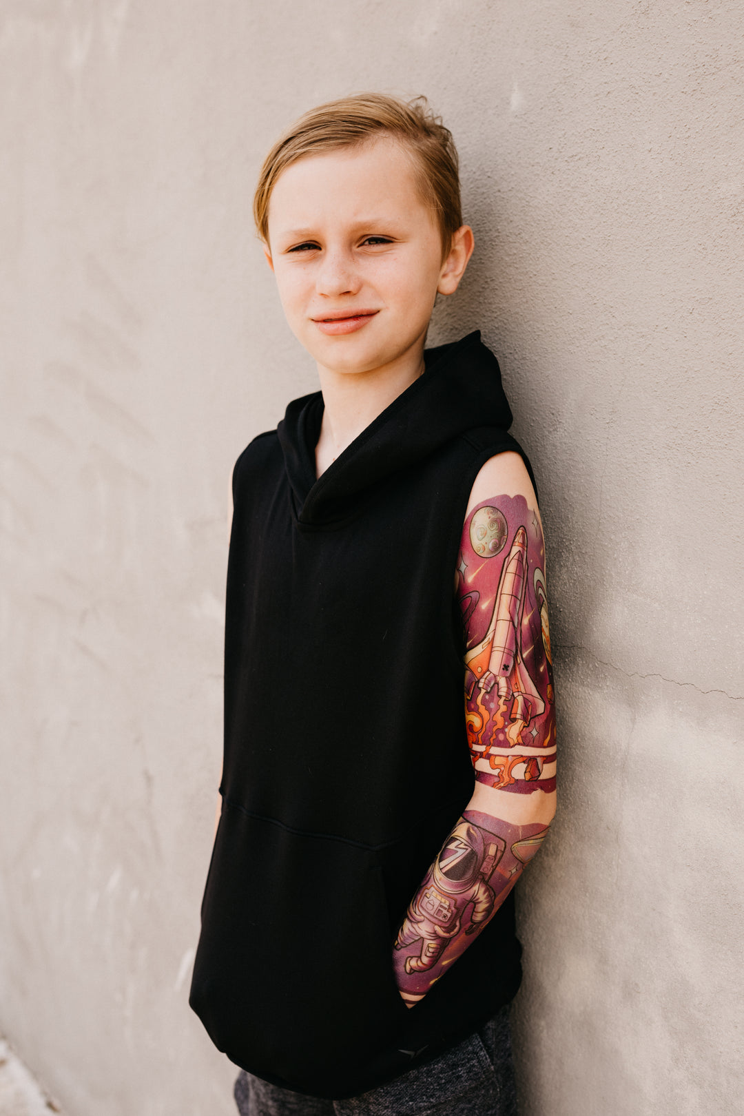 Cosmic Cruiser Full Sleeve Tattoo - alien astronaut boy explore flying saucer full sleeve Kate Shevtsova neo-traditional Rocket space spaceship full sleeve temporary tattoo for kids