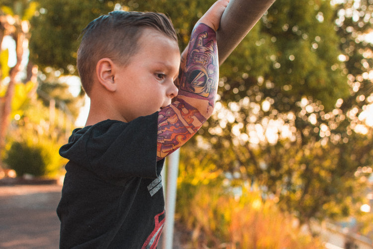 Cosmic Cruiser Full Sleeve Tattoo - alien astronaut boy explore flying saucer full sleeve Kate Shevtsova neo-traditional Rocket space spaceship full sleeve temporary tattoo for kids