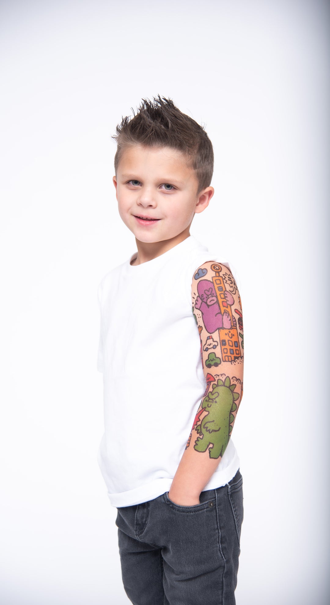 Gods & Kings Full Sleeve Tattoo - Ape boy character city cute dinosaur dinosaurs fantasy full sleeve godzilla Godzilla vs King Kong Gorilla Japanese King Kong lizard Monkey toddler full sleeve temporary tattoo for kids