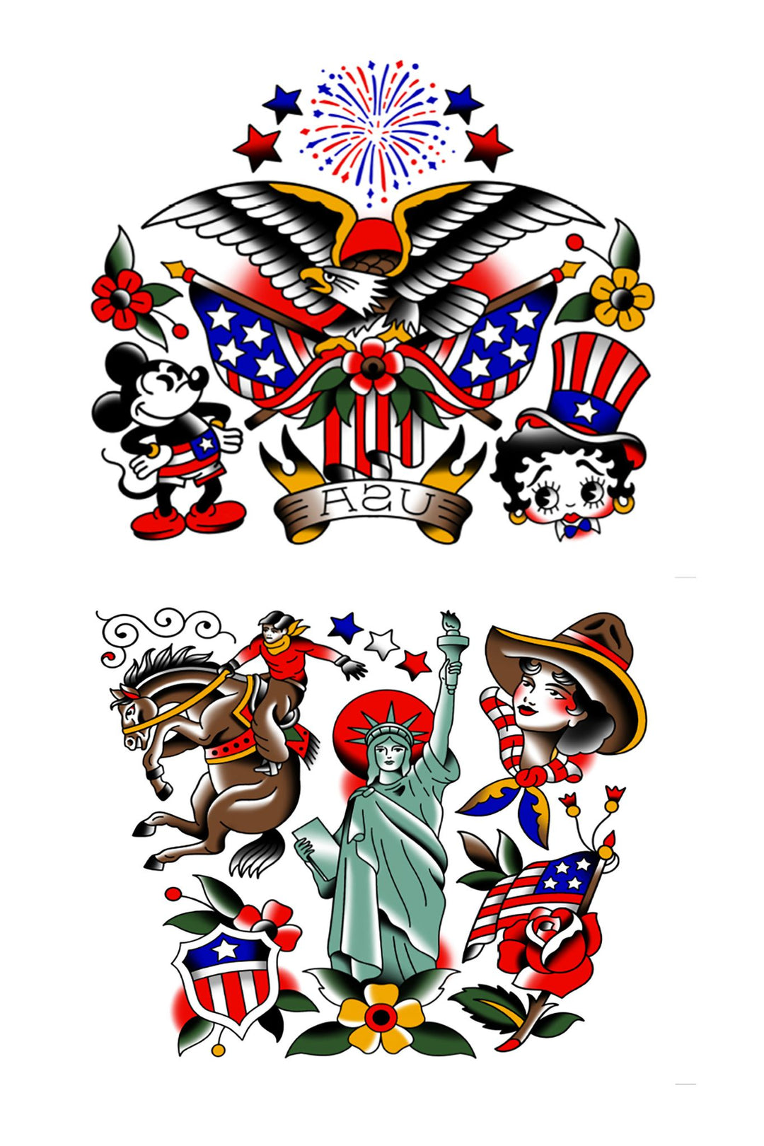 Iconic Ink: USA Full Sleeve Tattoo - 4th of July America American Eagle American Traditional Americana Bald Eagle Betty Boop cowboy cowgirl Eagle Fireworkds Fourth Fourth of July full sleeve Mickey Mouse temporary tattoo USA full sleeve temporary tattoo for kids
