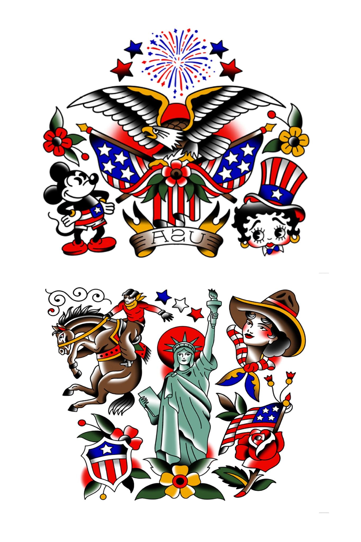 Iconic Ink: USA Full Sleeve Tattoo - Temporary Kids Tattoo Sleeve - 4th of July America American Eagle American Traditional Americana Bald Eagle Betty Boop cowboy cowgirl Eagle Fireworkds Fourth Fourth of July full sleeve Mickey Mouse temporary tattoo USA full sleeve temporary tattoo for kids