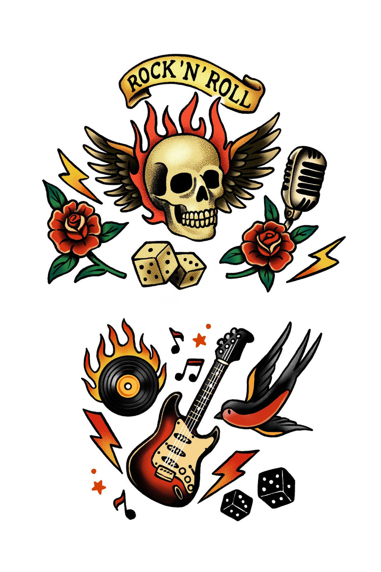 Let's Rock! Full Sleeve Tattoo - American Traditional band full sleeve Guitar music neo-traditional rock Rock n roll Skull Skulls traditional full sleeve temporary tattoo for kids