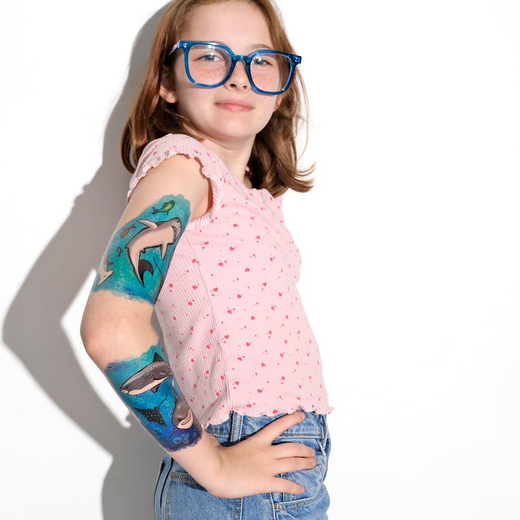 Lil' Jaws Full Sleeve Tattoo - full sleeve great white great white shark hammerhead jaws manta ray ocean shark Sharks spotted ray sting ray full sleeve temporary tattoo for kids