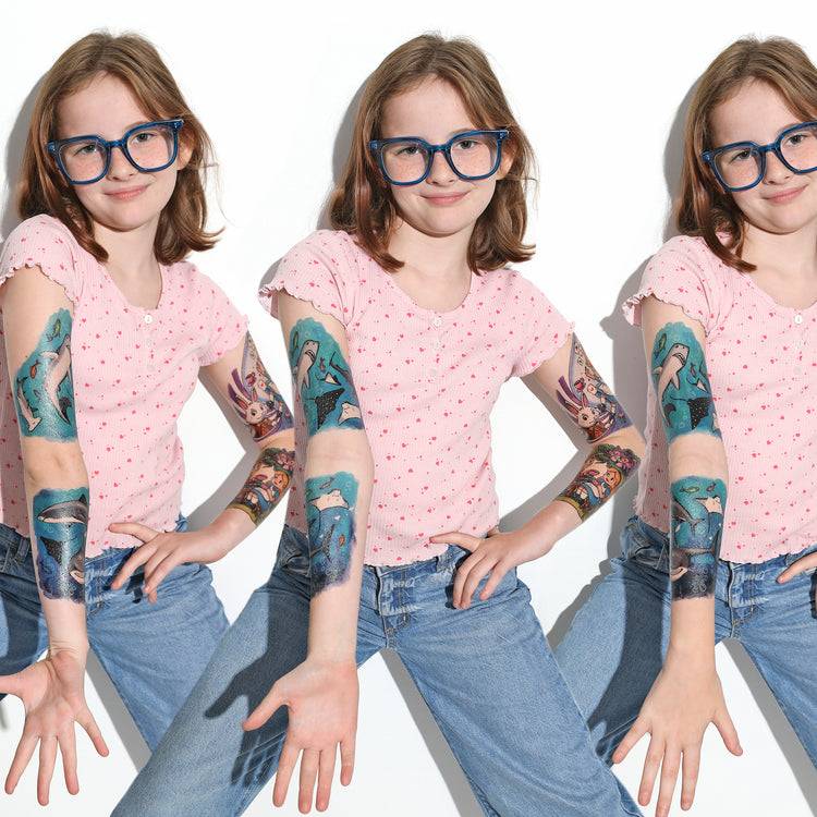 Lil' Jaws Full Sleeve Tattoo - full sleeve great white great white shark hammerhead jaws manta ray ocean shark Sharks spotted ray sting ray full sleeve temporary tattoo for kids
