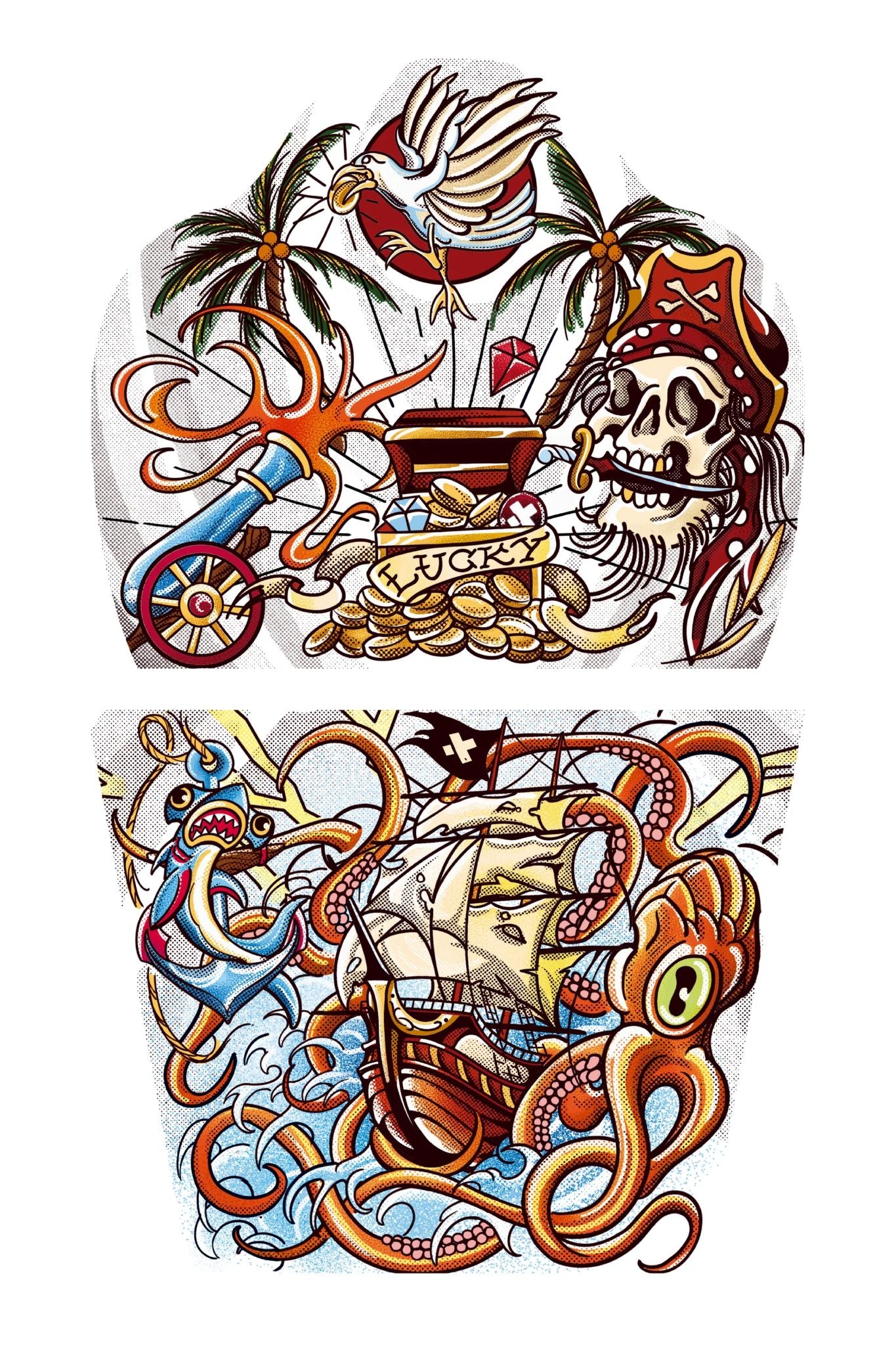 Two pirate-themed tattoos with ships, treasure chests, and skulls on a white background.