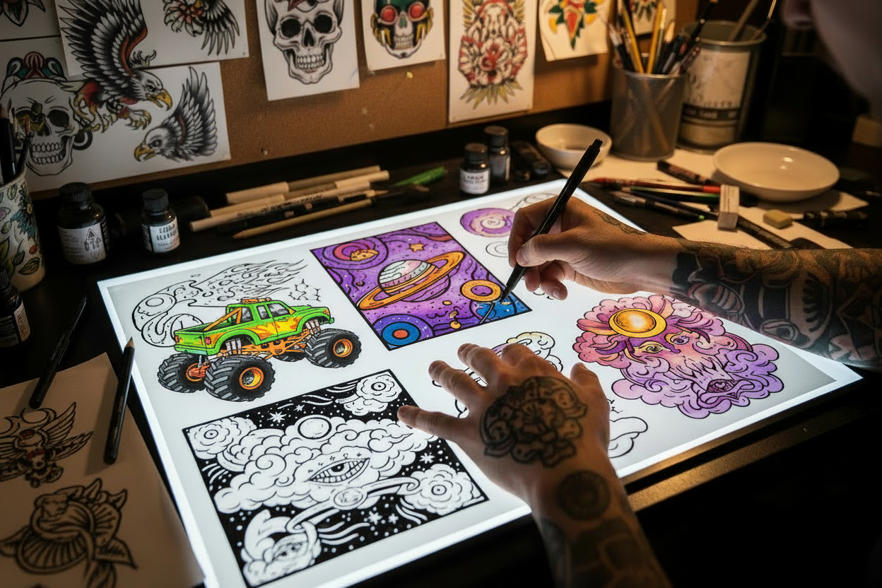 Tattoo Studio with Monster Truck Artwork