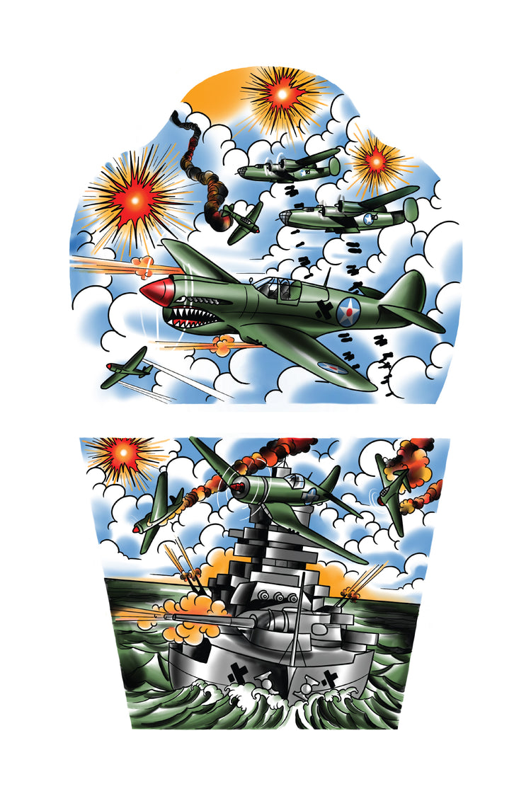 Shows full temporary tattoo sleeve with planes and a navy ship fighting.