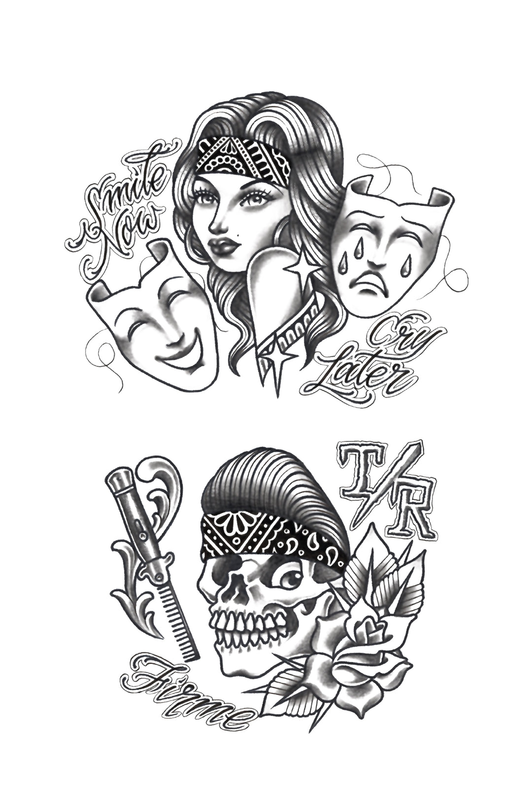 Full design of Mexican-American Chicano temporary tattoo sleeve for kids by Tony Ray Tattoos.
