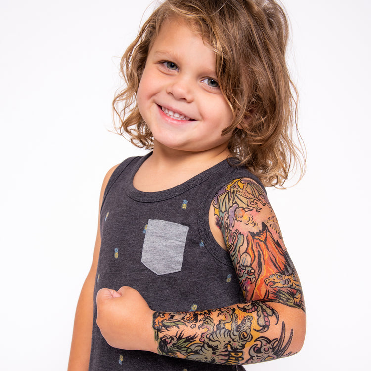 Dinosaur Boom Full Sleeve Tattoo - boy dino dinos dinosaur dinosaurs fossils full sleeve trex tyrannosaurus rex full sleeve temporary tattoo for kids