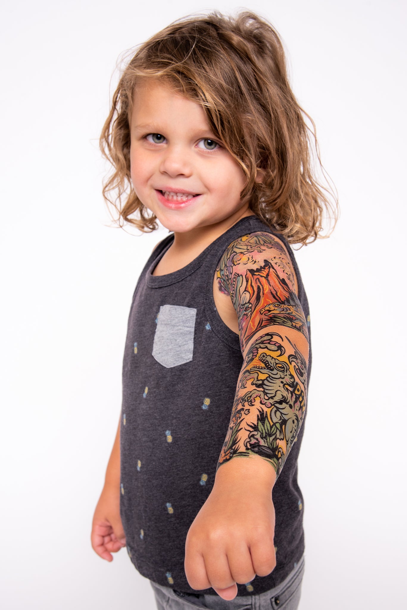 Dinosaur Boom Full Sleeve Tattoo - boy dino dinos dinosaur dinosaurs fossils full sleeve trex tyrannosaurus rex full sleeve temporary tattoo for kids