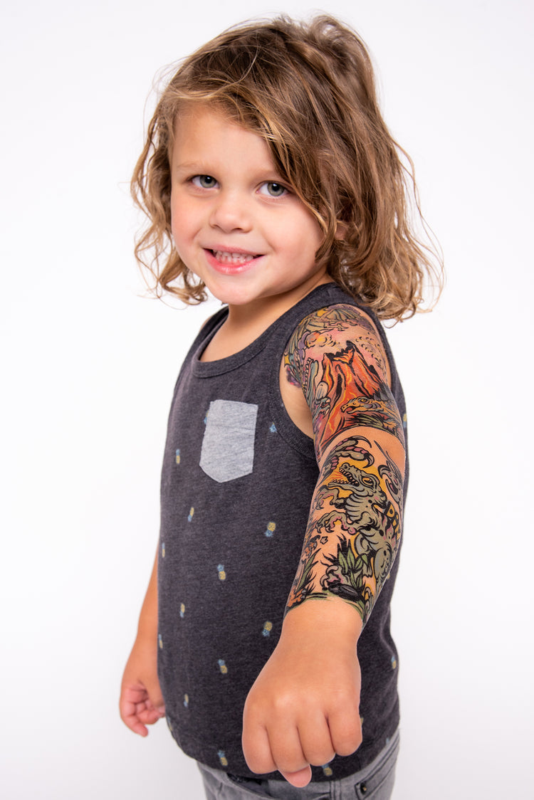Dinosaur Boom Full Sleeve Tattoo - boy dino dinos dinosaur dinosaurs fossils full sleeve trex tyrannosaurus rex full sleeve temporary tattoo for kids