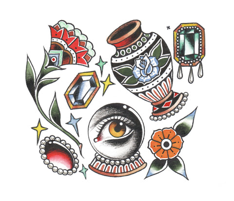 Full design of fortune lower sleeve. Temporary tattoo for kids.