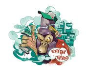 Upper sleeve design with a gorilla holding spray paint on a temporary tattoo