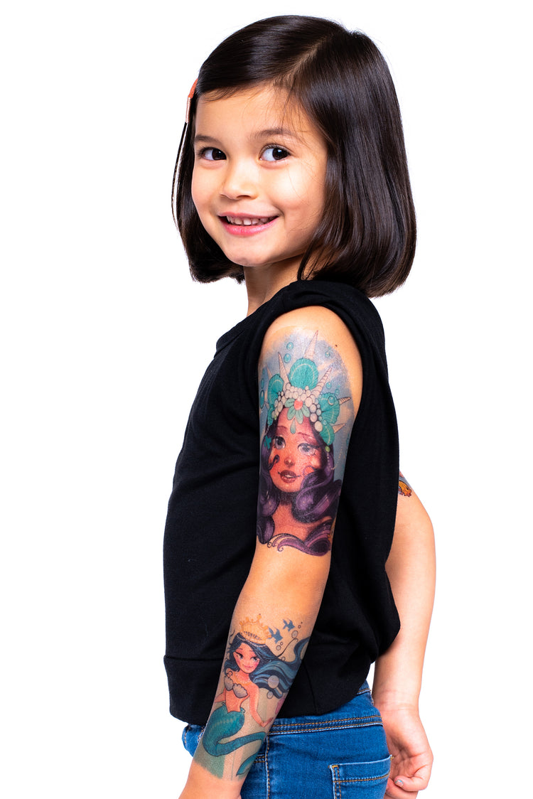 Majestic Mermaid Full Sleeve Tattoo - arielle Crown Fish full sleeve girl girls Girly Designs little mermaid Mermaid mermaids nautical girl princess seashell Squid YGroup_all full sleeve temporary tattoo for kids