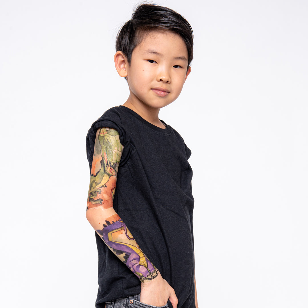 Monster MayhemTrio Full Sleeve Tattoos - boy brachiosaurus bundle dino dinos dinosaur dinosaurs fossils full sleeve godzilla monster T-Rex triceratops tyrannosaurus rex Uncl Paul Zombie Zombies full sleeve temporary tattoo for kids