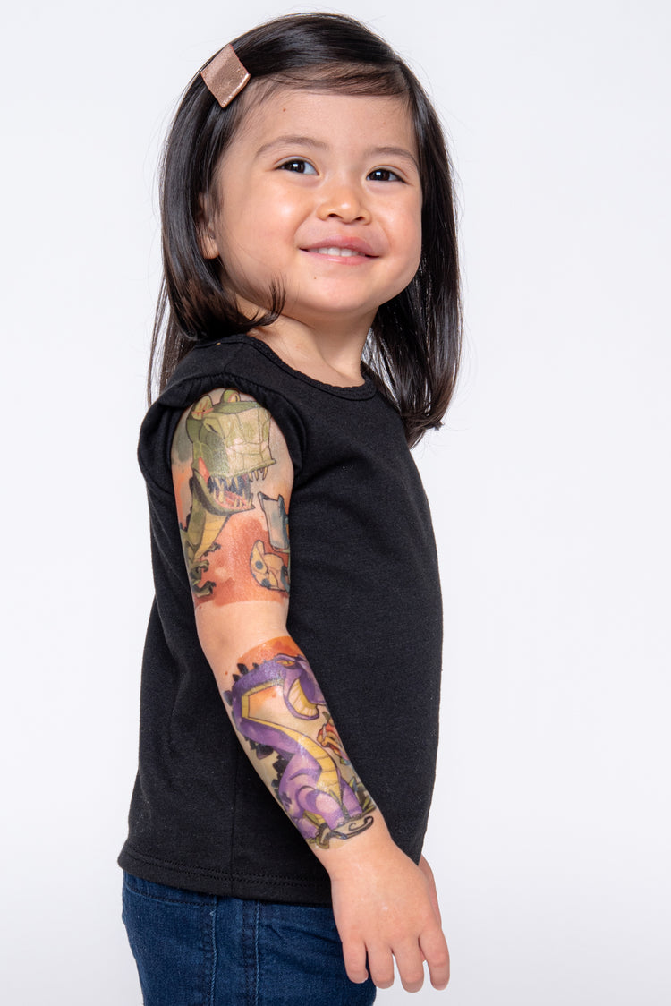 Tyrannosaurus Flex Full Sleeve Tattoo - Temporary Kids Tattoo Sleeve - animals baby dino baby dinosaur best seller boy dino dinos dinosaur dinosaurs egg Faire full sleeve jurassic T-Rex tyrannosaurus rex Uncl Paul watercolor full sleeve temporary tattoo for kids