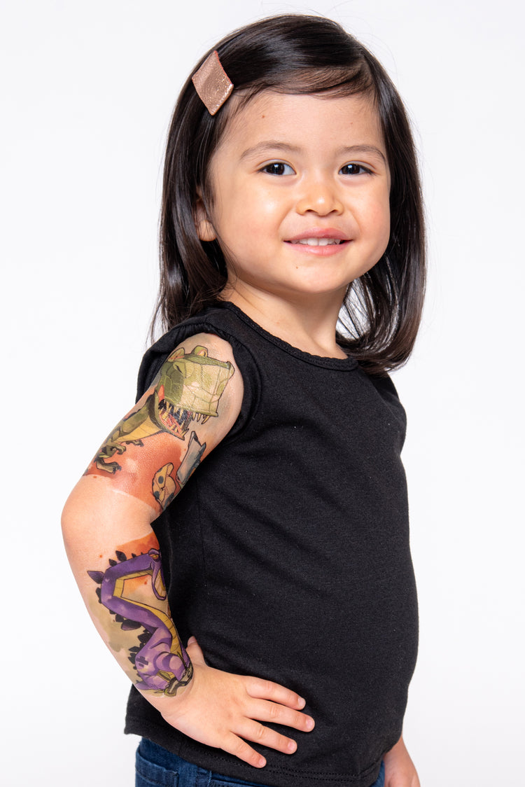 Tyrannosaurus Flex Full Sleeve Tattoo - Temporary Kids Tattoo Sleeve - animals baby dino baby dinosaur best seller boy dino dinos dinosaur dinosaurs egg Faire full sleeve jurassic T-Rex tyrannosaurus rex Uncl Paul watercolor full sleeve temporary tattoo for kids
