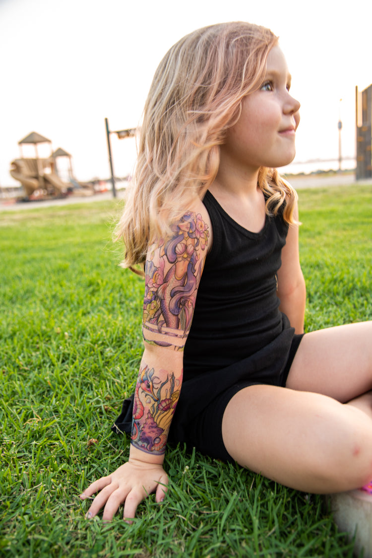 Under the Sea Full Sleeve Tattoo - fantasy full sleeve girl Kate Shevtsova Mermaid mermaids nautical nautical girl neo-traditional seahorse seashell shells full sleeve temporary tattoo for kids